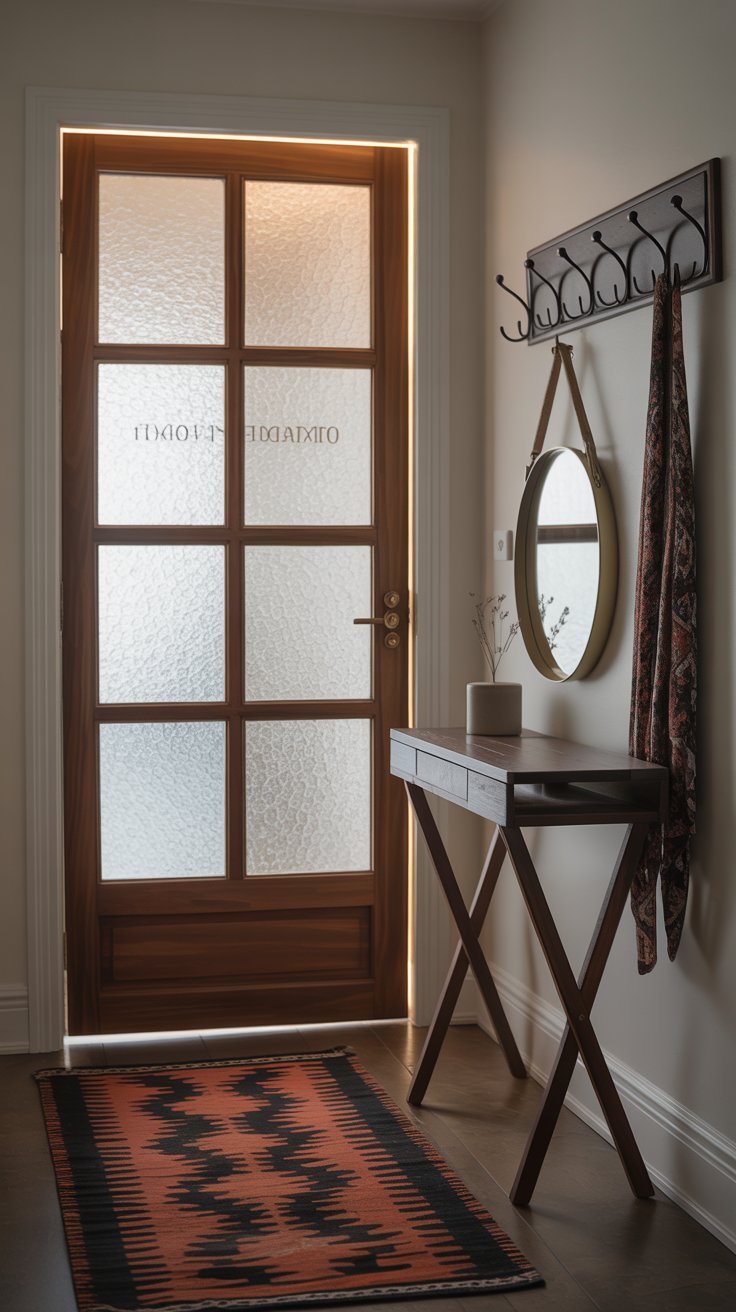 Entrée moderne avec console fine et miroir ovale à lanière de cuir