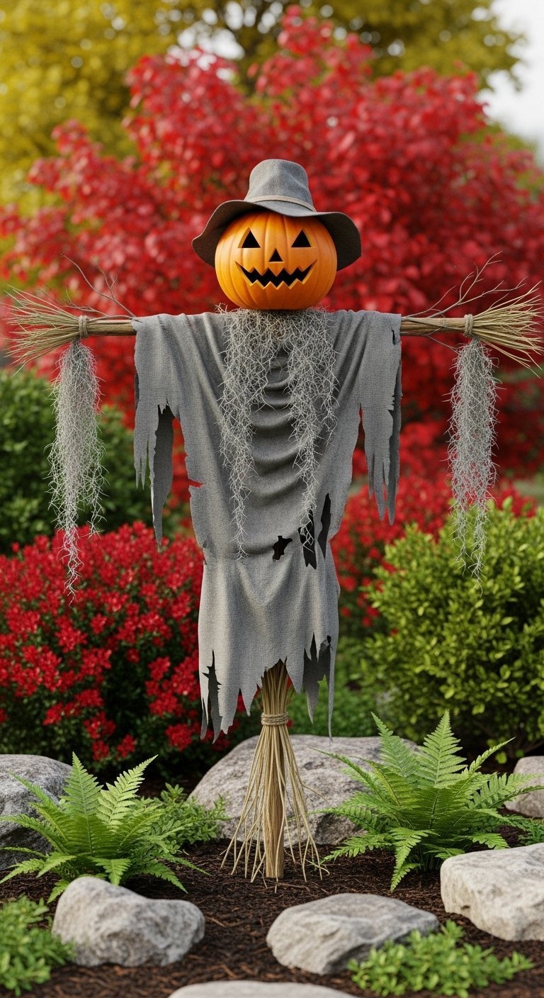 Epouvantail a tete de citrouille dans un jardin avec un feuillage d automne colore