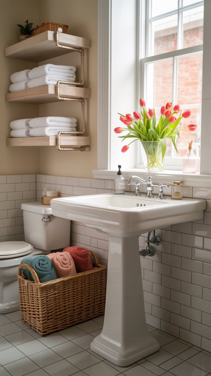 Étagères de style industriel avec tuyaux en métal et lavabo sur colonne