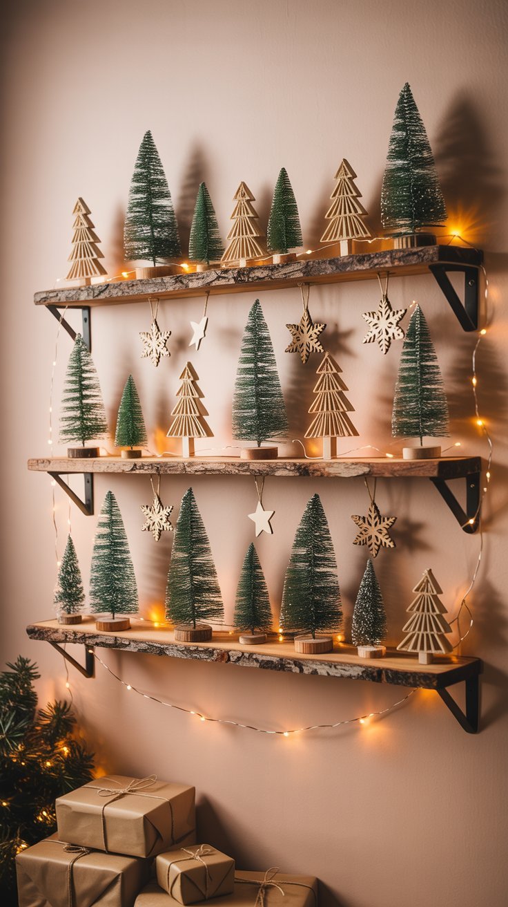 Étagères en bois avec une collection de mini sapins de Noël