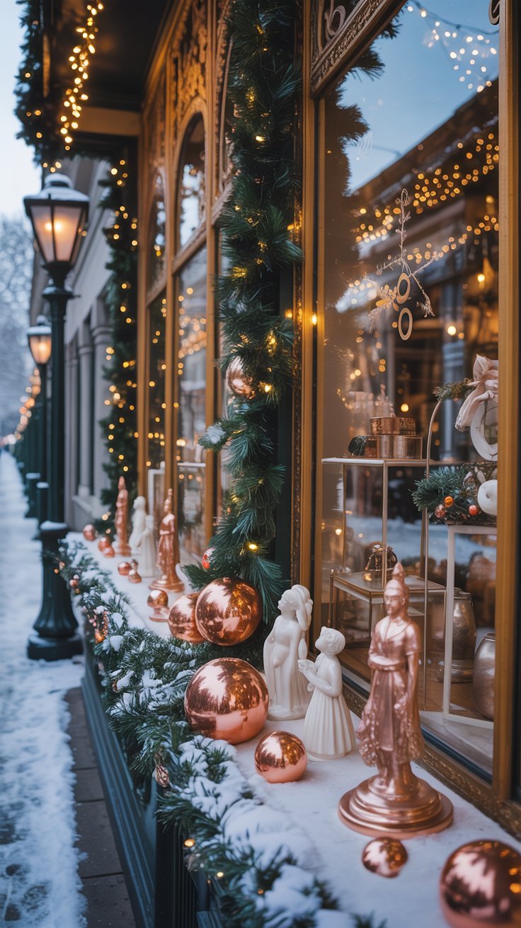 Fenetre de magasin decoree avec des boules et figurines couleur cuivre
