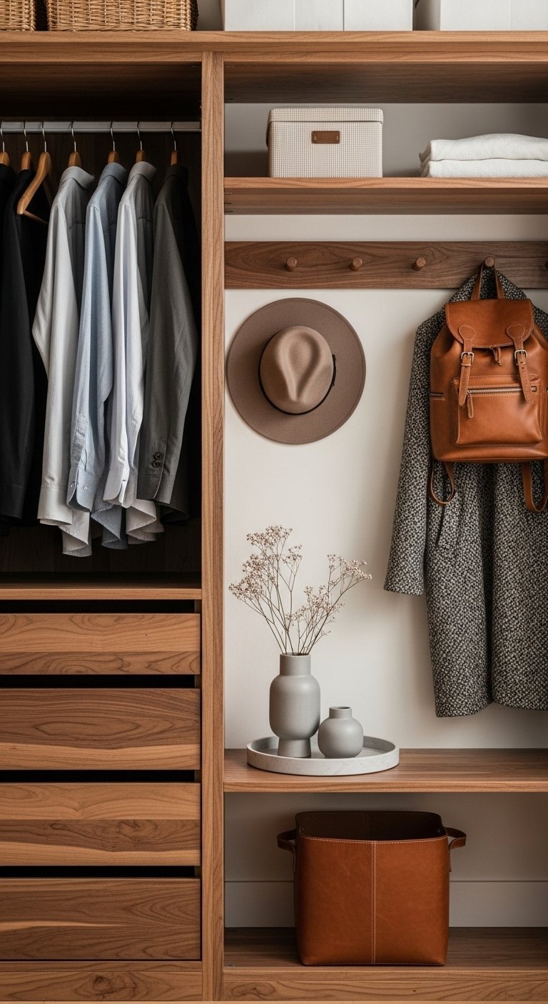 Interieur d un dressing en bois de noyer bien organise
