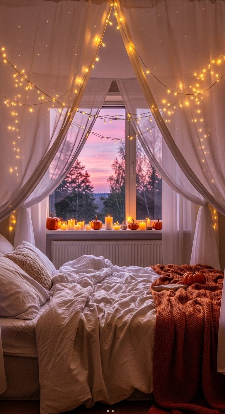 Lit devant une fenetre decoree de guirlandes lumineuses avec vue sur un coucher de soleil