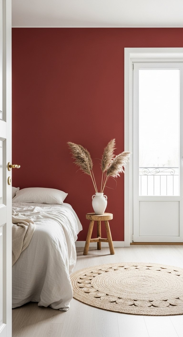 Lit simple devant un mur terracotta avec herbe de la pampa