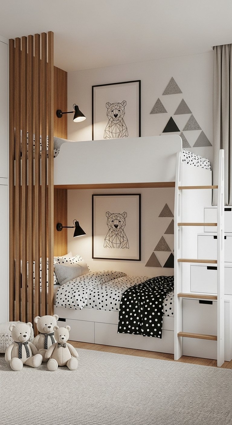 Lits superposés blancs avec tiroirs et séparateur en bois