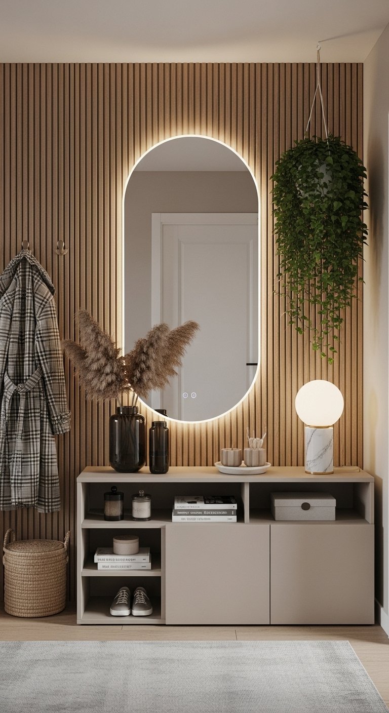 Meuble bas beige devant un mur a tasseaux avec miroir ovale eclaire et plante suspendue