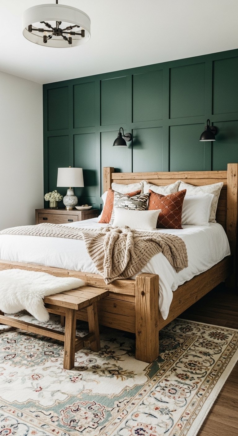 Mur daccent vert fonce avec moulures et lit en bois rustique