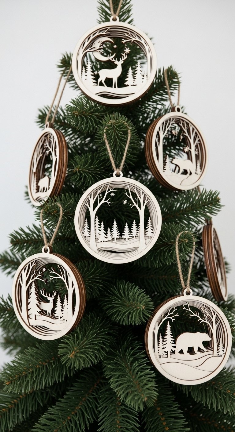 Ornements de noel en bois D multicouches montrant des scenes de foret