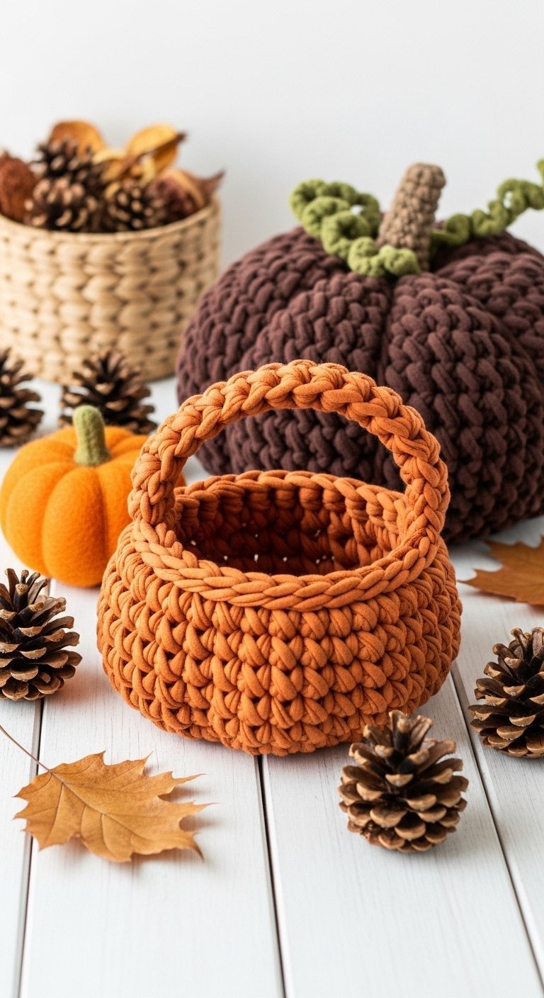 Panier orange en crochet épais à côté de citrouilles décoratives