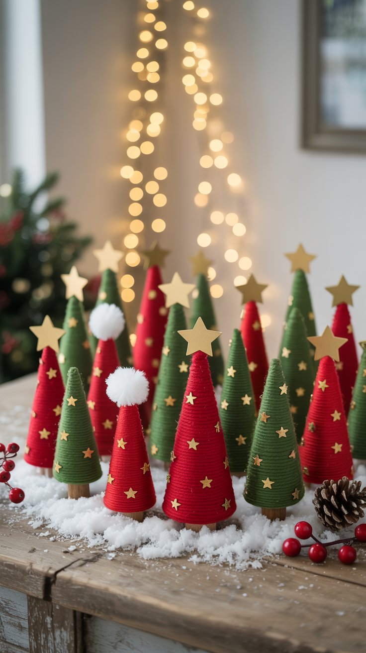 Petits sapins de noel en ficelle rouge et verte avec étoiles dorées