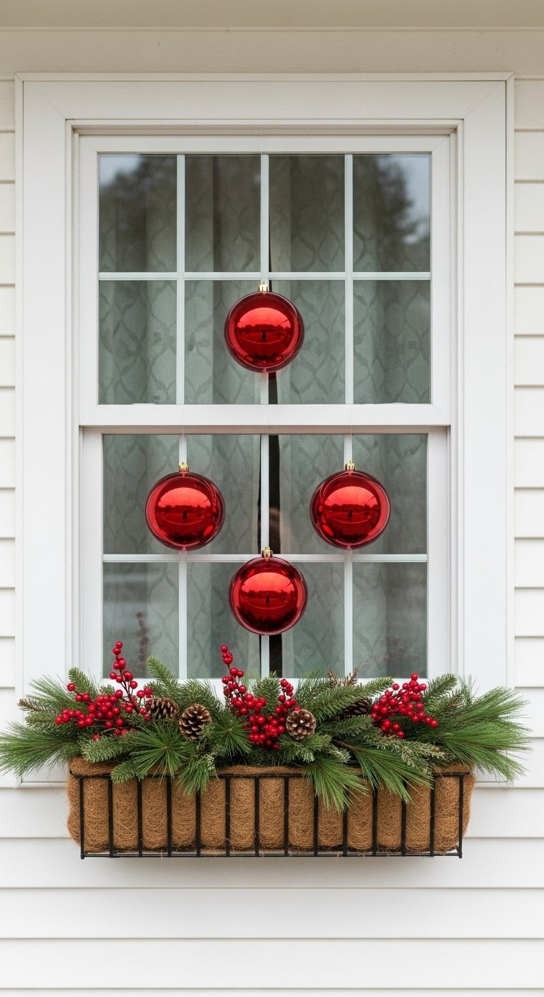 Quatre boules de Noël rouges suspendues devant une fenêtre blanche au dessus d une jardinière