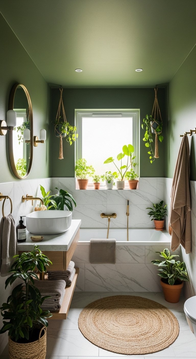 Salle de bain verte de style jungle urbaine avec beaucoup de plantes