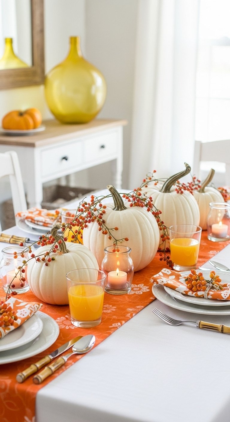 Table dressée avec un chemin de table orange et des citrouilles blanches