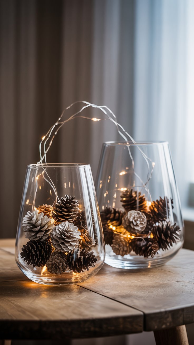 Vases en verre remplis de pommes de pin et de guirlandes lumineuses led