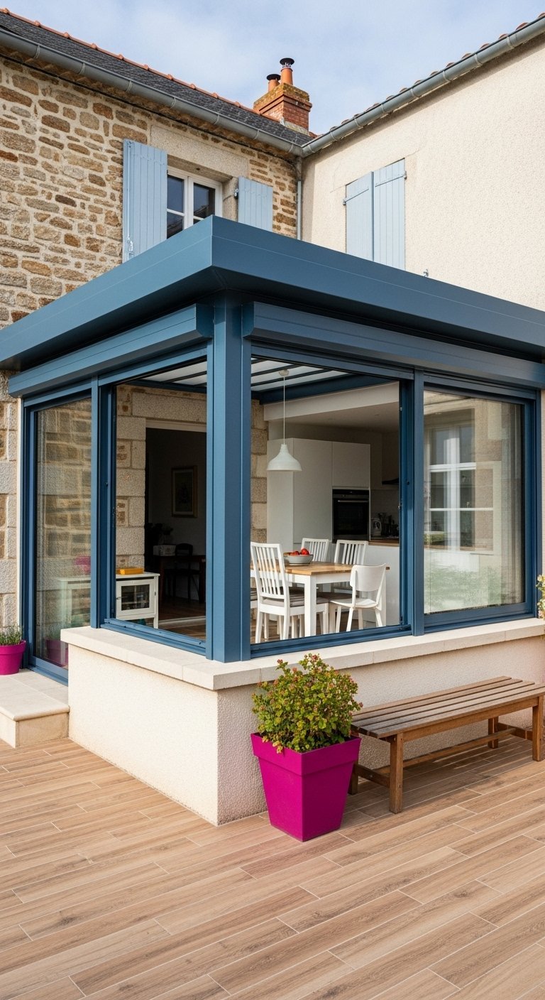 Véranda avec structure en aluminium bleu et grandes baies vitrées