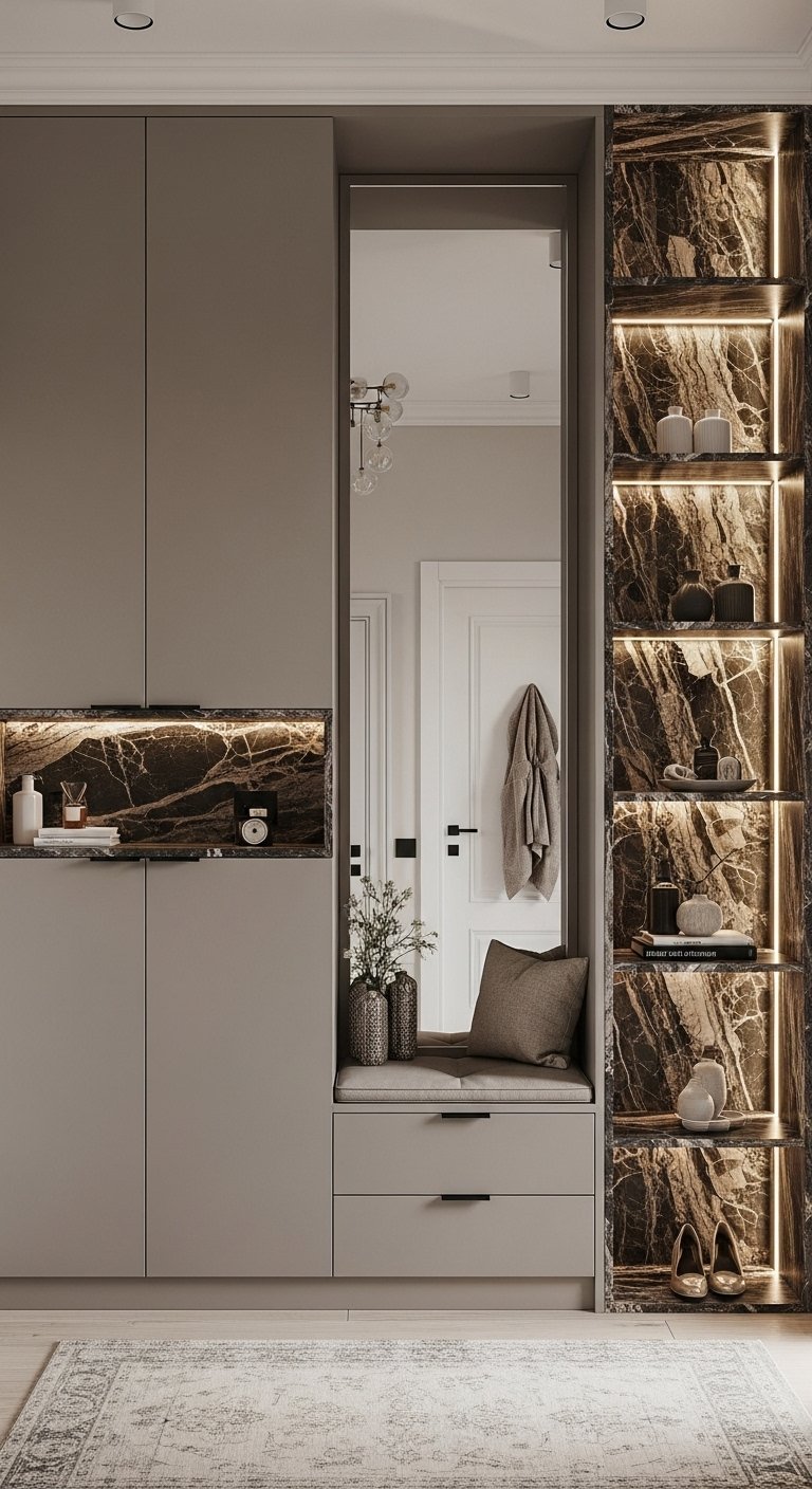 Vestiaire de luxe gris avec niches en marbre noir rétroéclairées et grand miroir