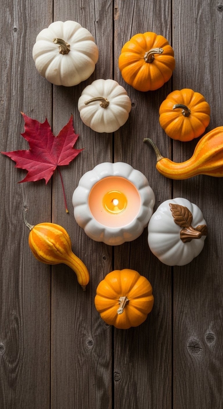 Vue de dessus d une bougie et de mini citrouilles sur une table en bois