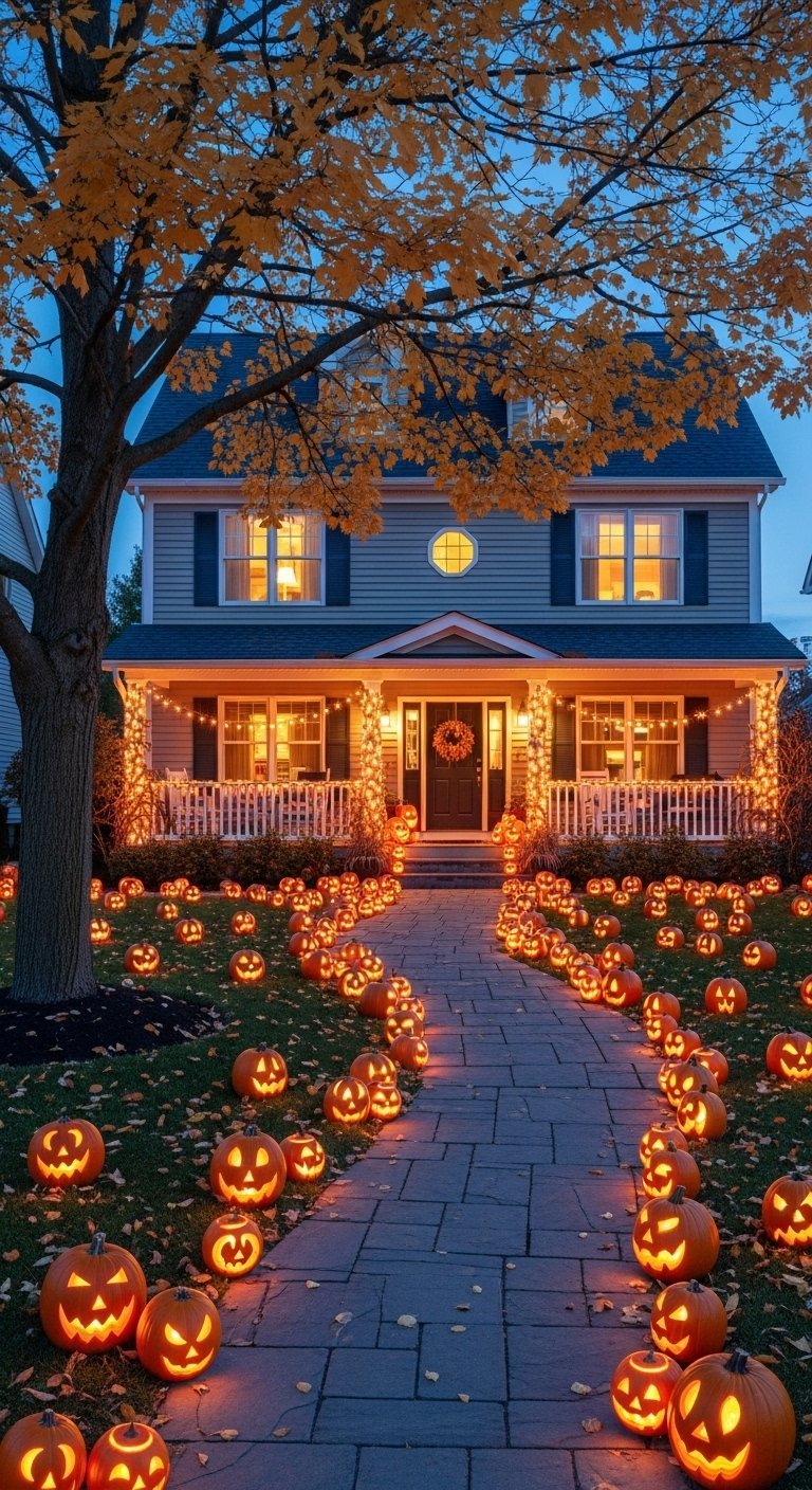 Allée de jardin entièrement bordée de citrouilles jack o lantern illuminées