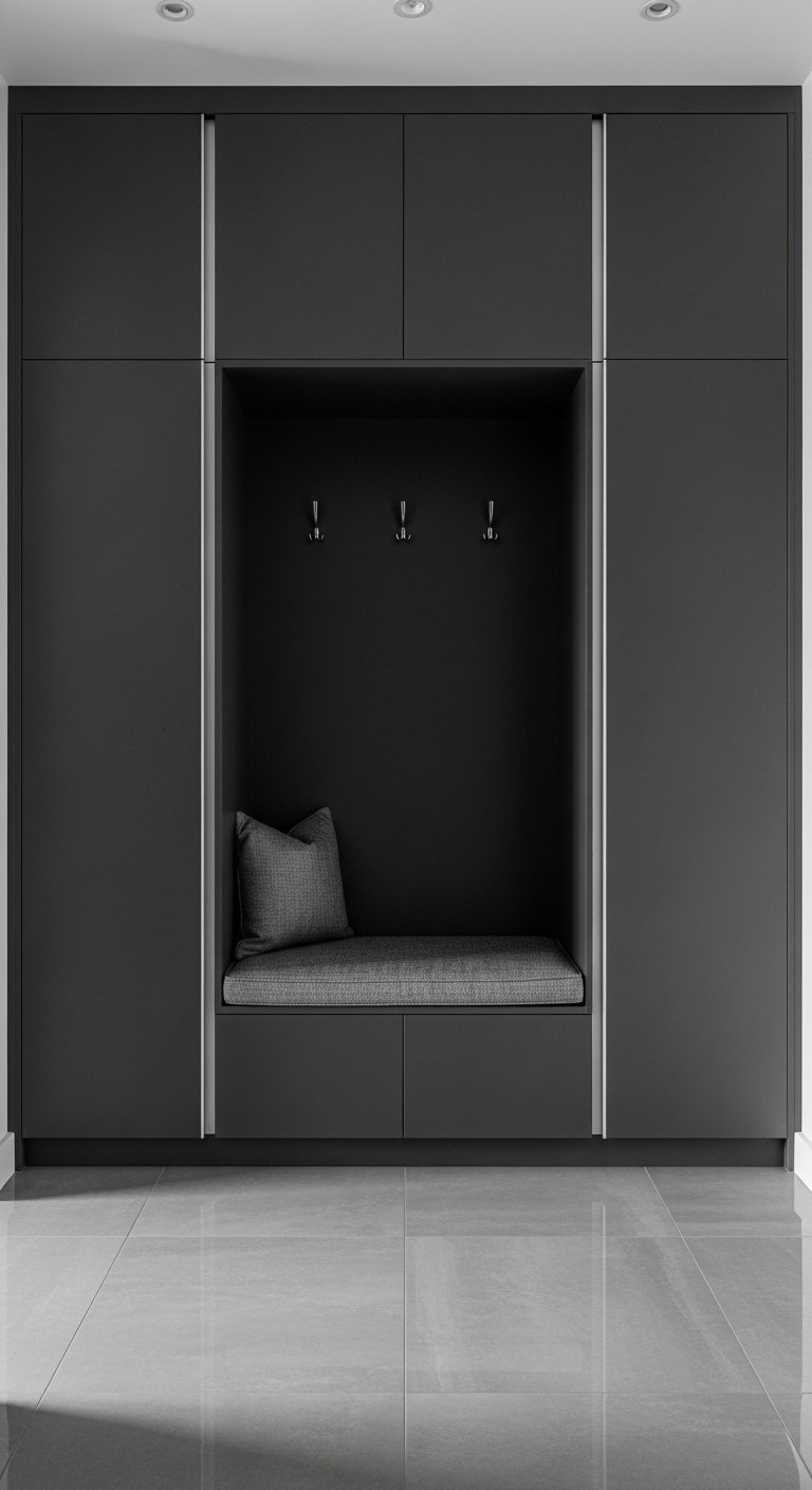 Armoire d entrée minimaliste entièrement noire avec une niche centrale grise
