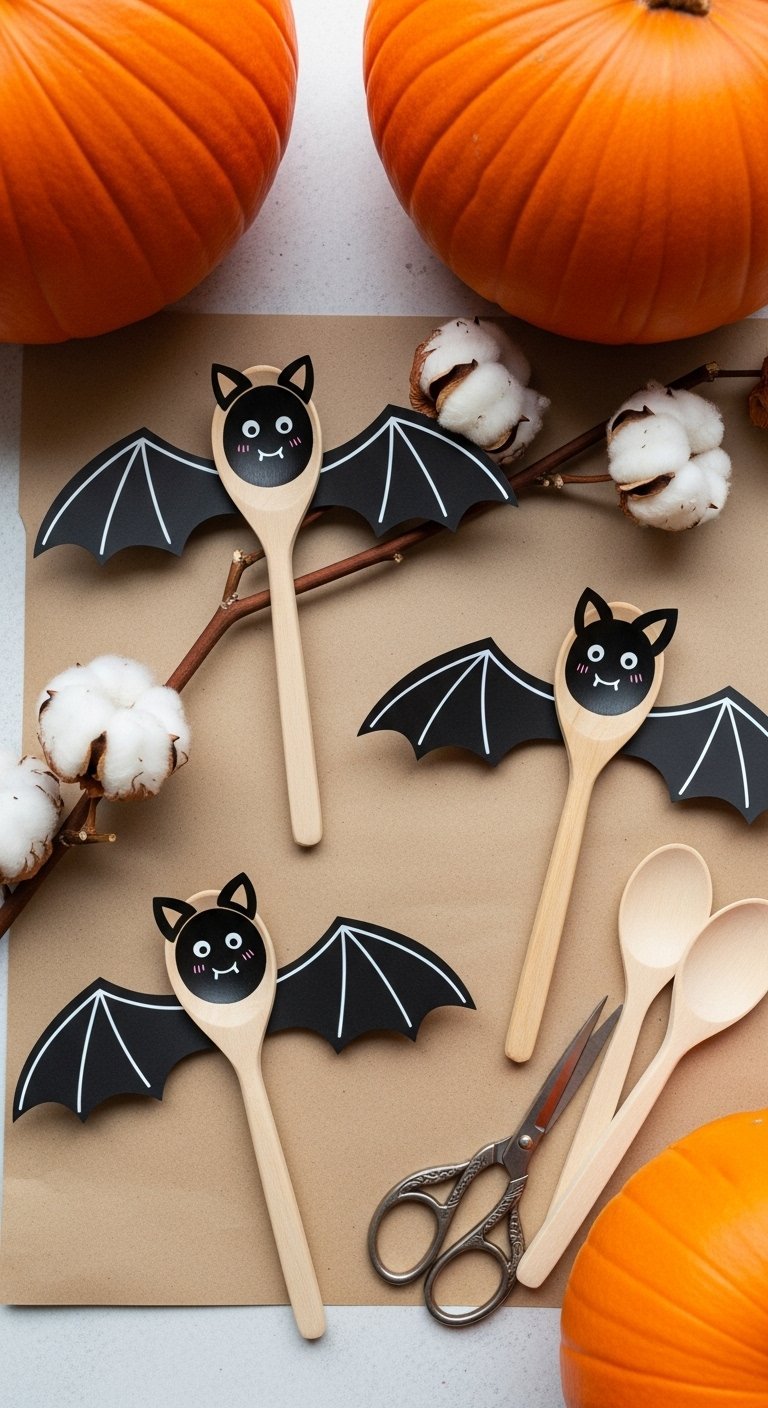 Bricolage de chauves souris en utilisant des cuillères en bois et du papier noir