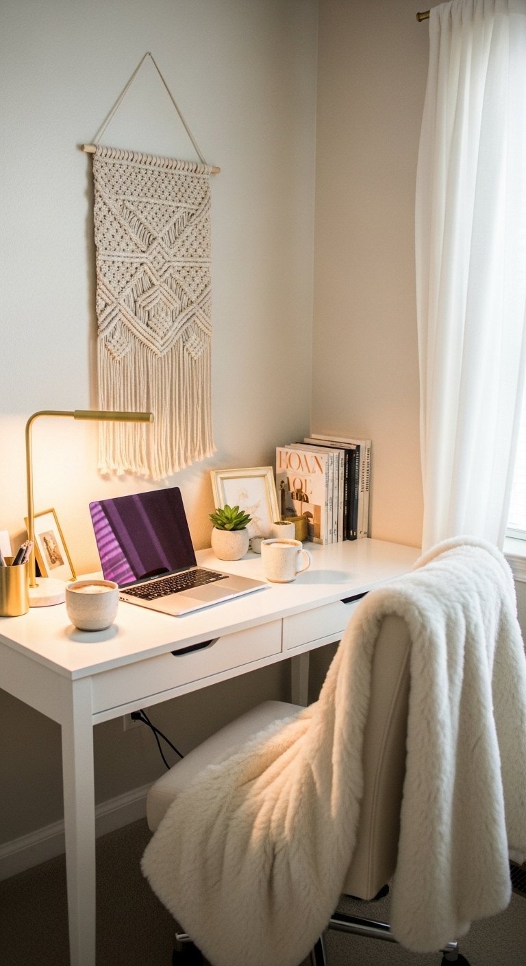 Bureau blanc simple avec une tenture murale en macramé et une lampe dorée