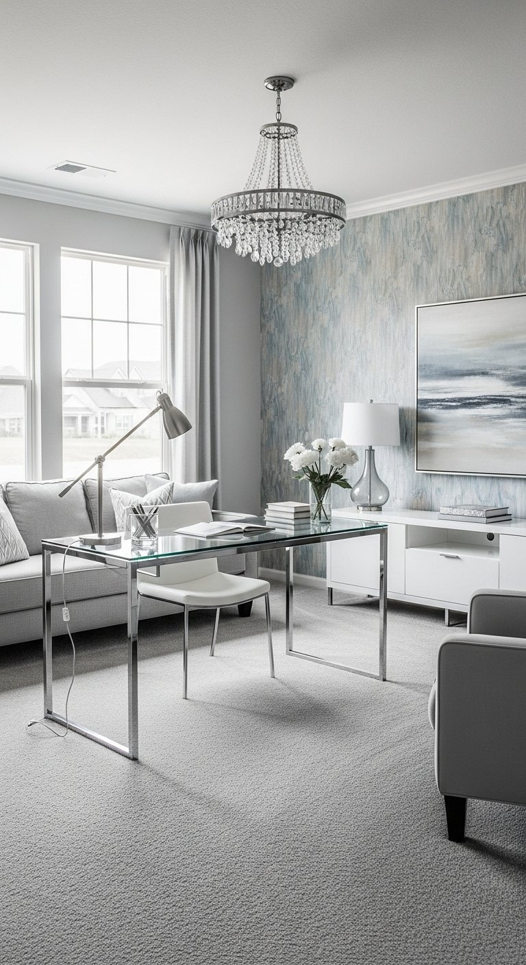 Bureau en verre et chrome sous un lustre en cristal dans un salon élégant