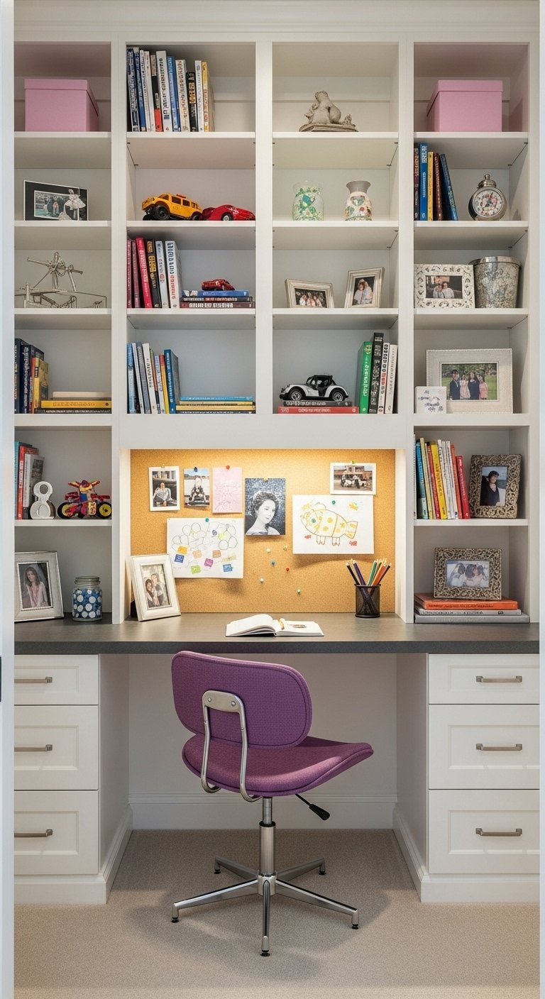 Bureau familial avec de nombreuses photos et une chaise de bureau violette