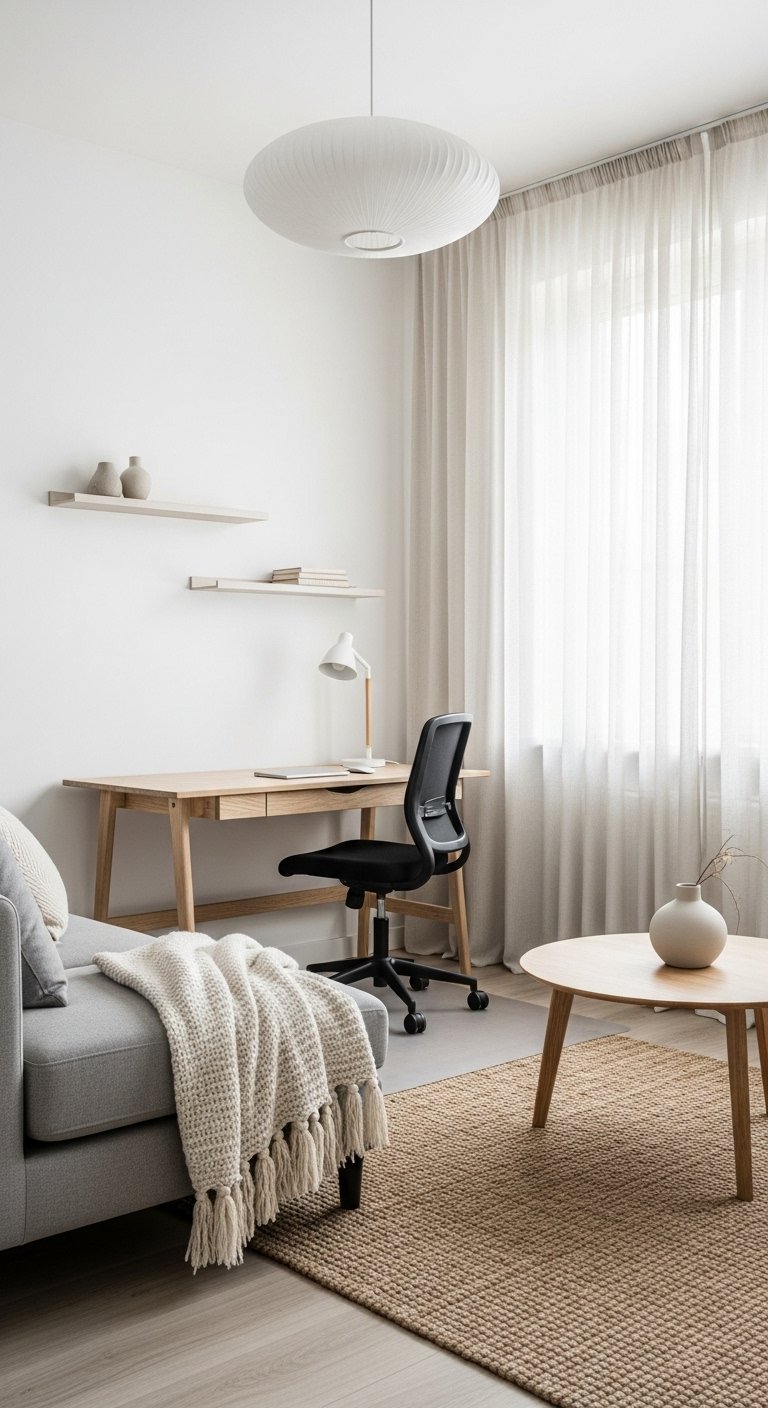 Bureau minimaliste en bois dans un salon d inspiration japandi