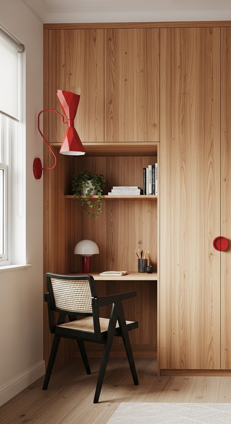 Bureau style Mid Century en noyer avec applique murale rouge