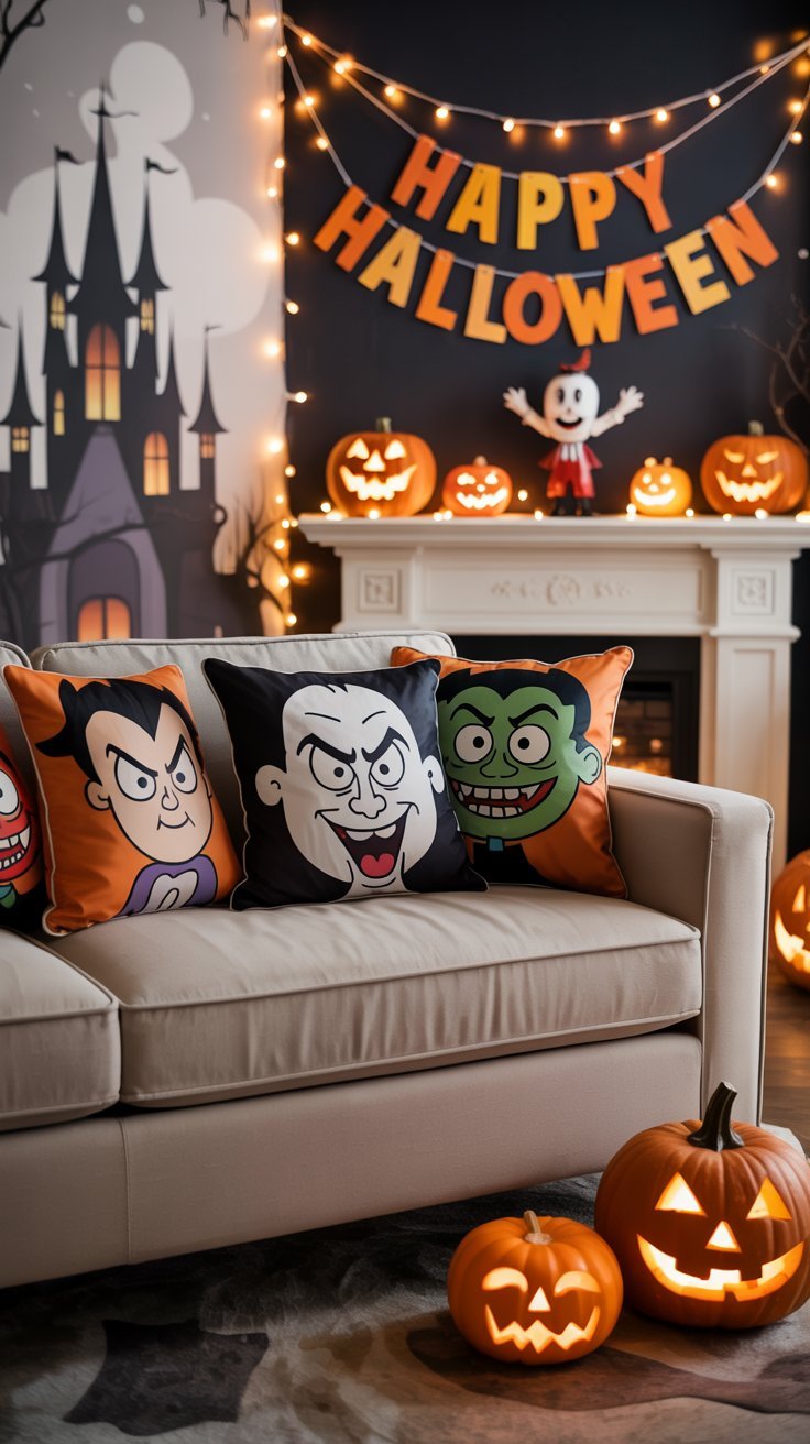 Canapé beige avec des coussins de monstres de dessins animés pour Halloween