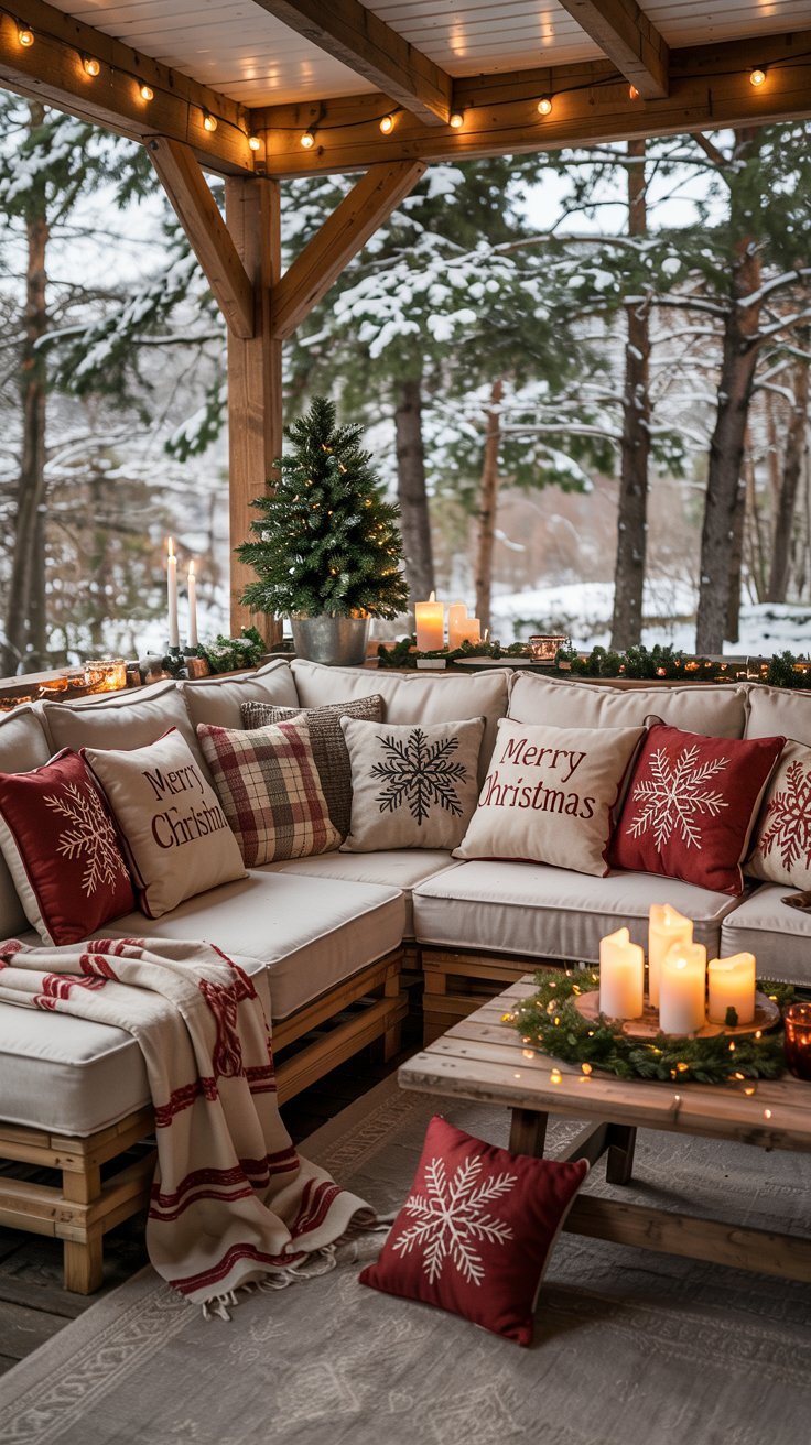 Canape d angle sur une terrasse couverte avec des coussins de Noel