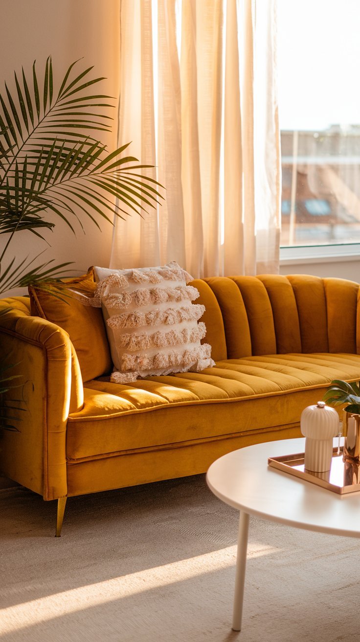 Canape en velours jaune moutarde eclaire par le soleil