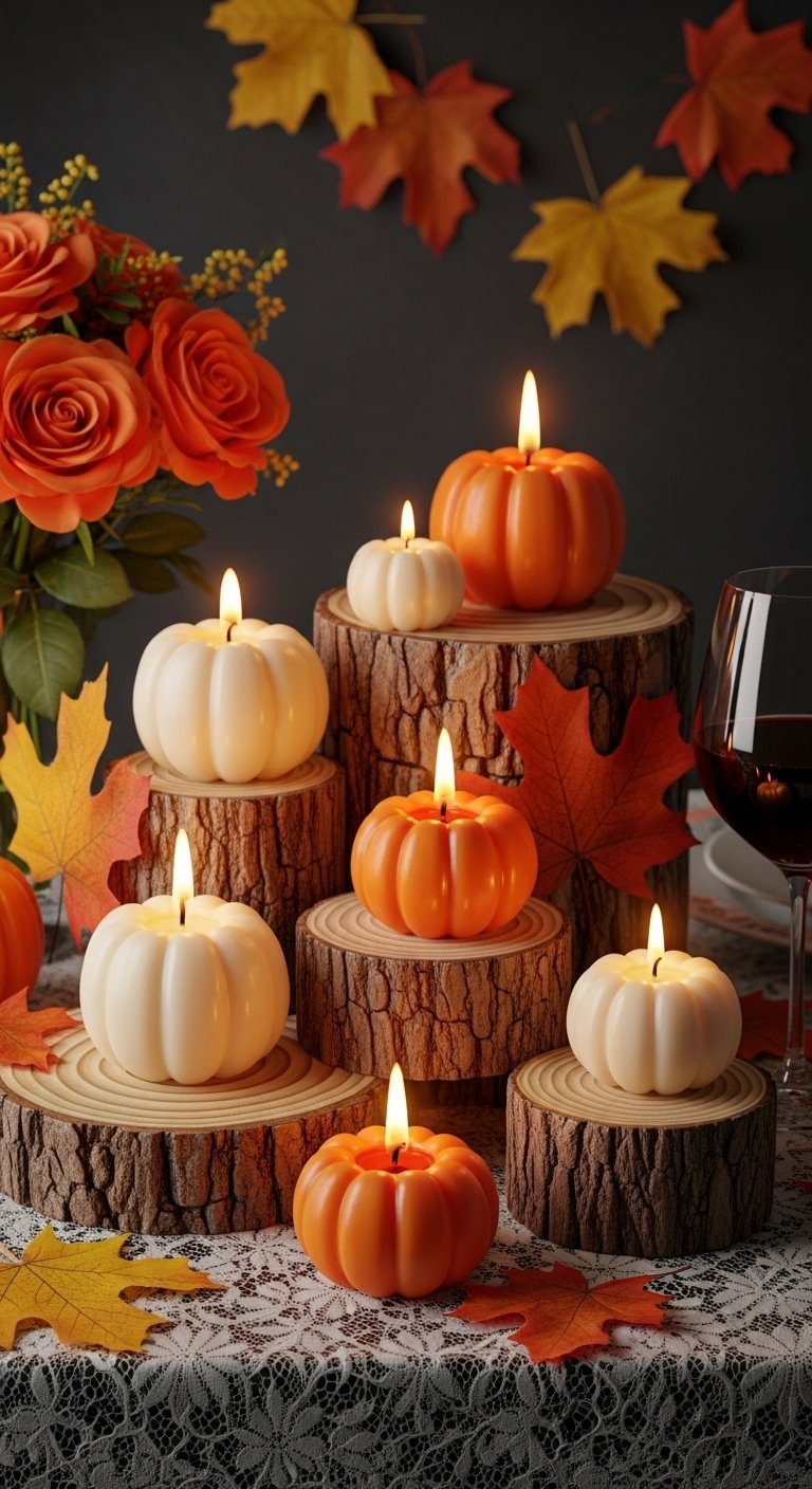 Centre de table avec bougies citrouilles sur des rondins de bois