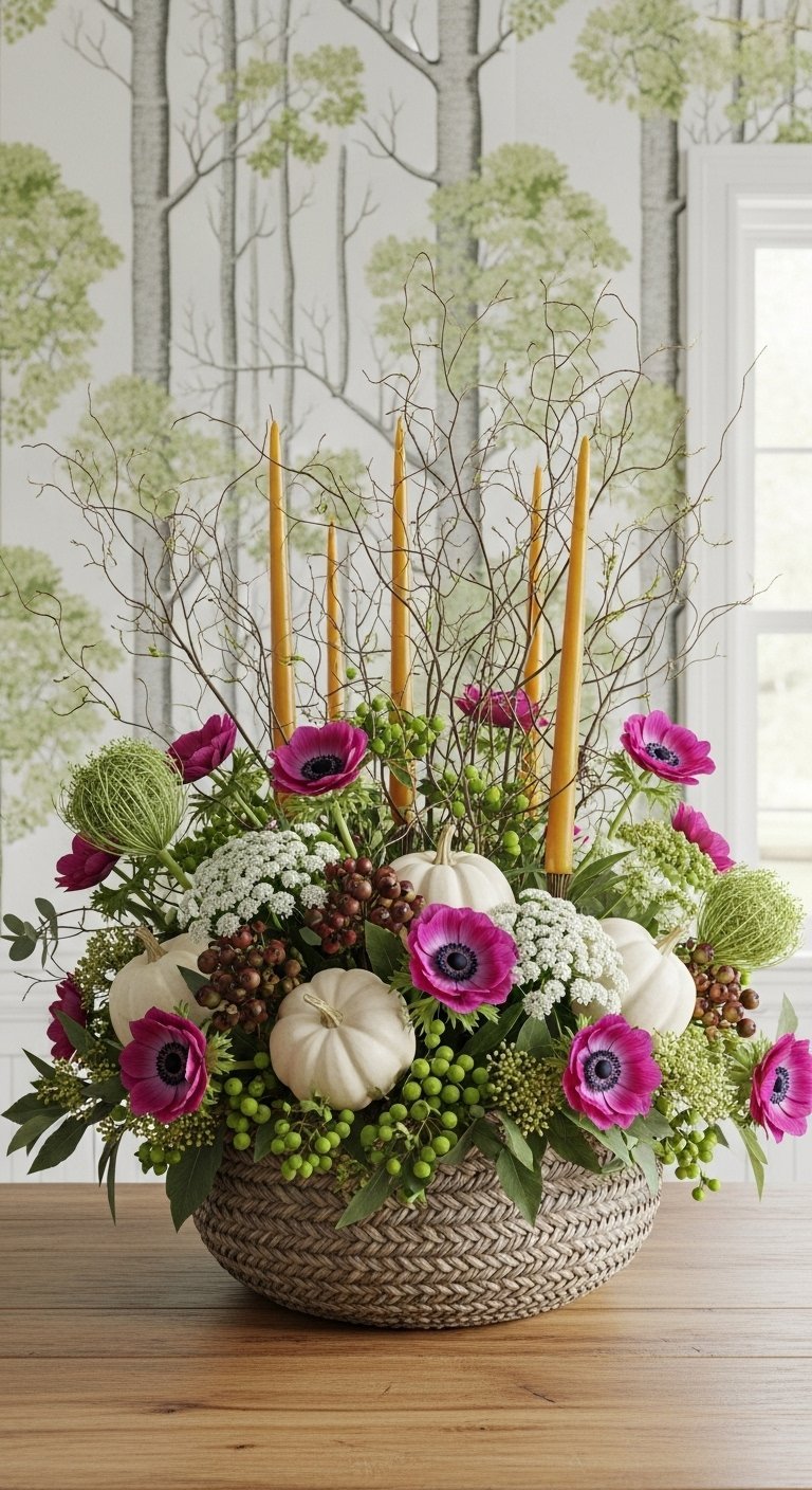 Centre de table créatif dans un panier avec citrouilles blanches et fleurs magenta