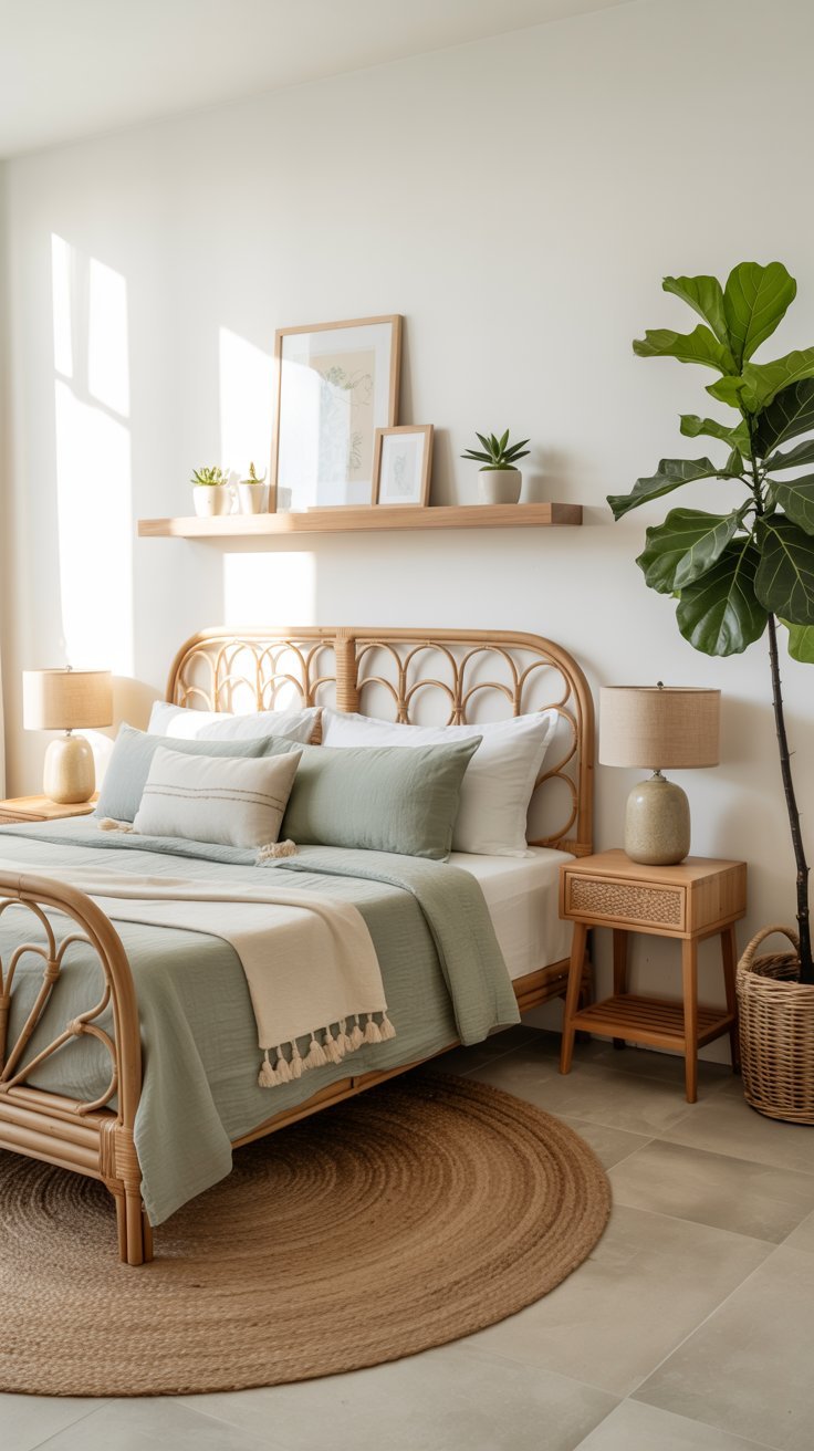 Chambre avec linge de lit vert sauge et mobilier en bois clair