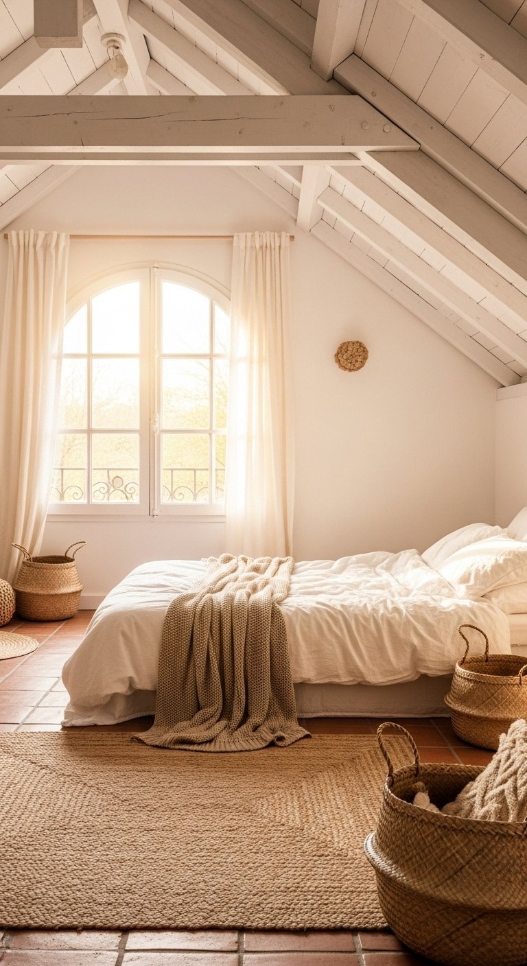 Chambre mansardee lumineuse avec fenetre cintree et tapis en jute