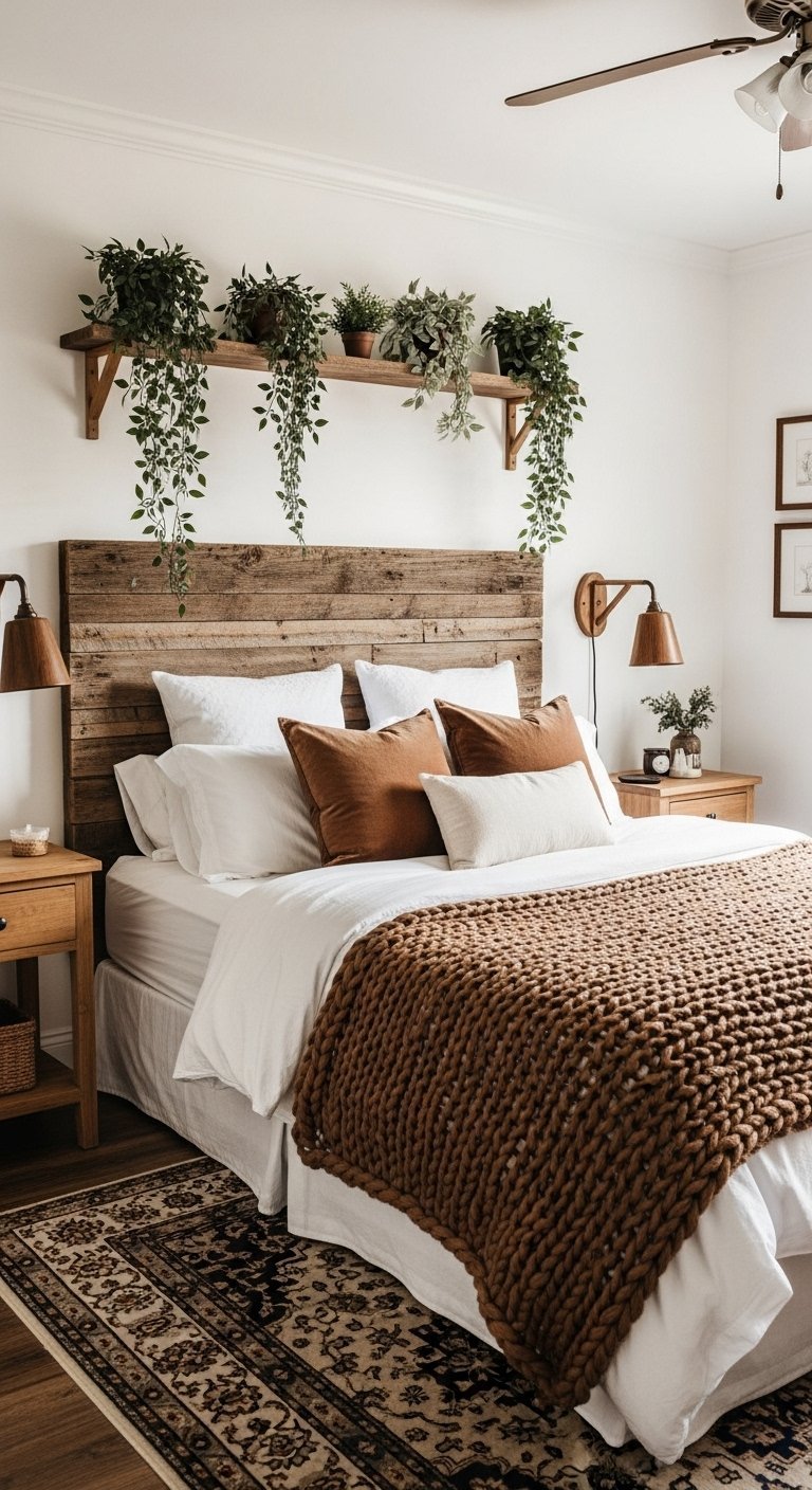 Chambre rustique avec tête de lit en bois de grange