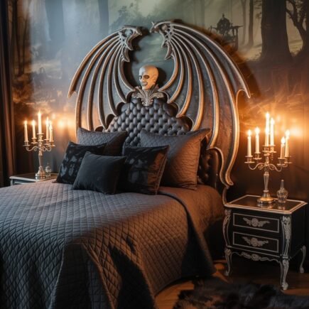 Chambre spectrale grise avec décorations murales de fantômes artistiques