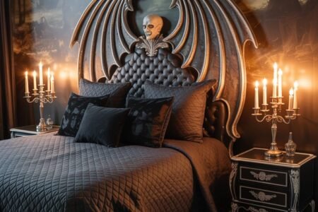 Chambre spectrale grise avec décorations murales de fantômes artistiques