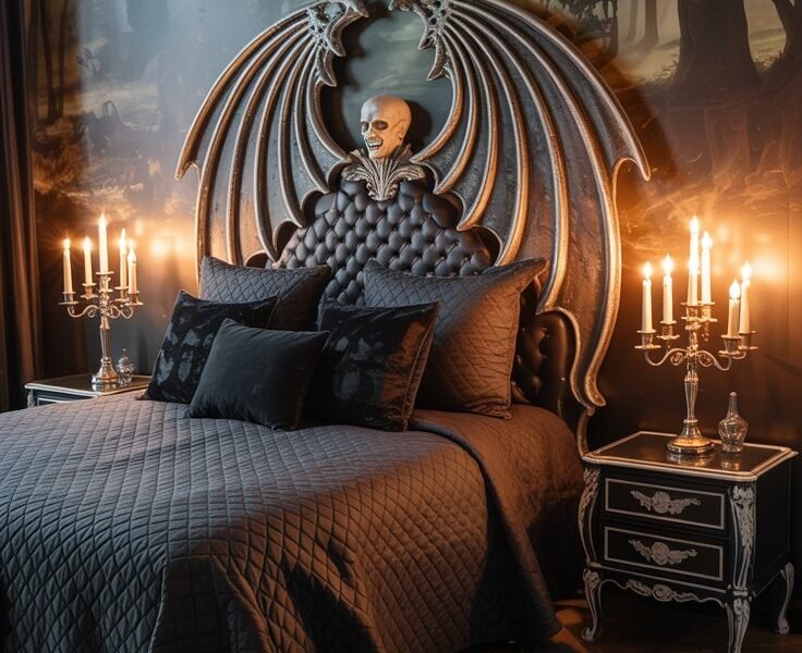 Chambre spectrale grise avec décorations murales de fantômes artistiques