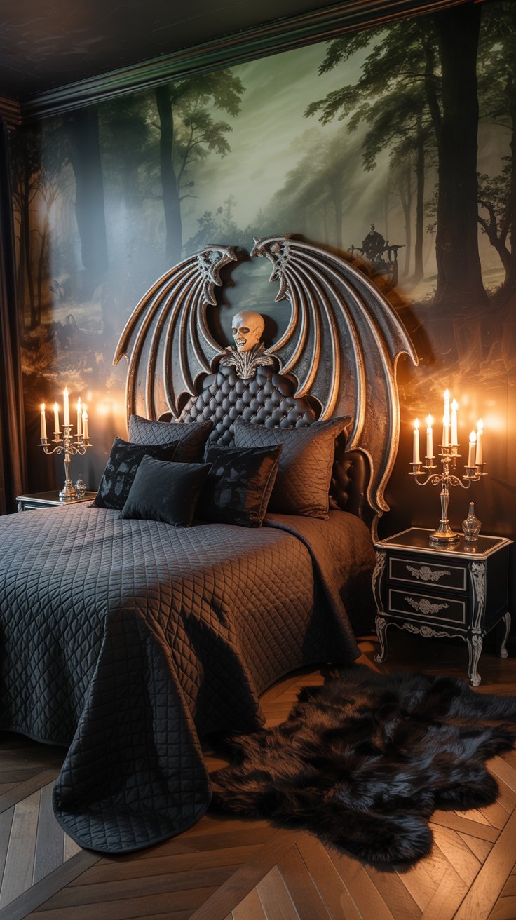 Chambre spectrale grise avec décorations murales de fantômes artistiques