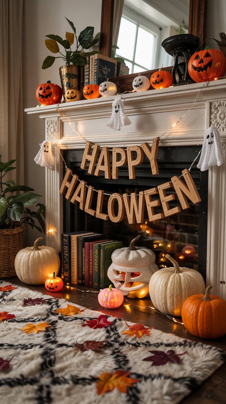 Cheminee blanche avec une guirlande Happy Halloween en bois et des citrouilles