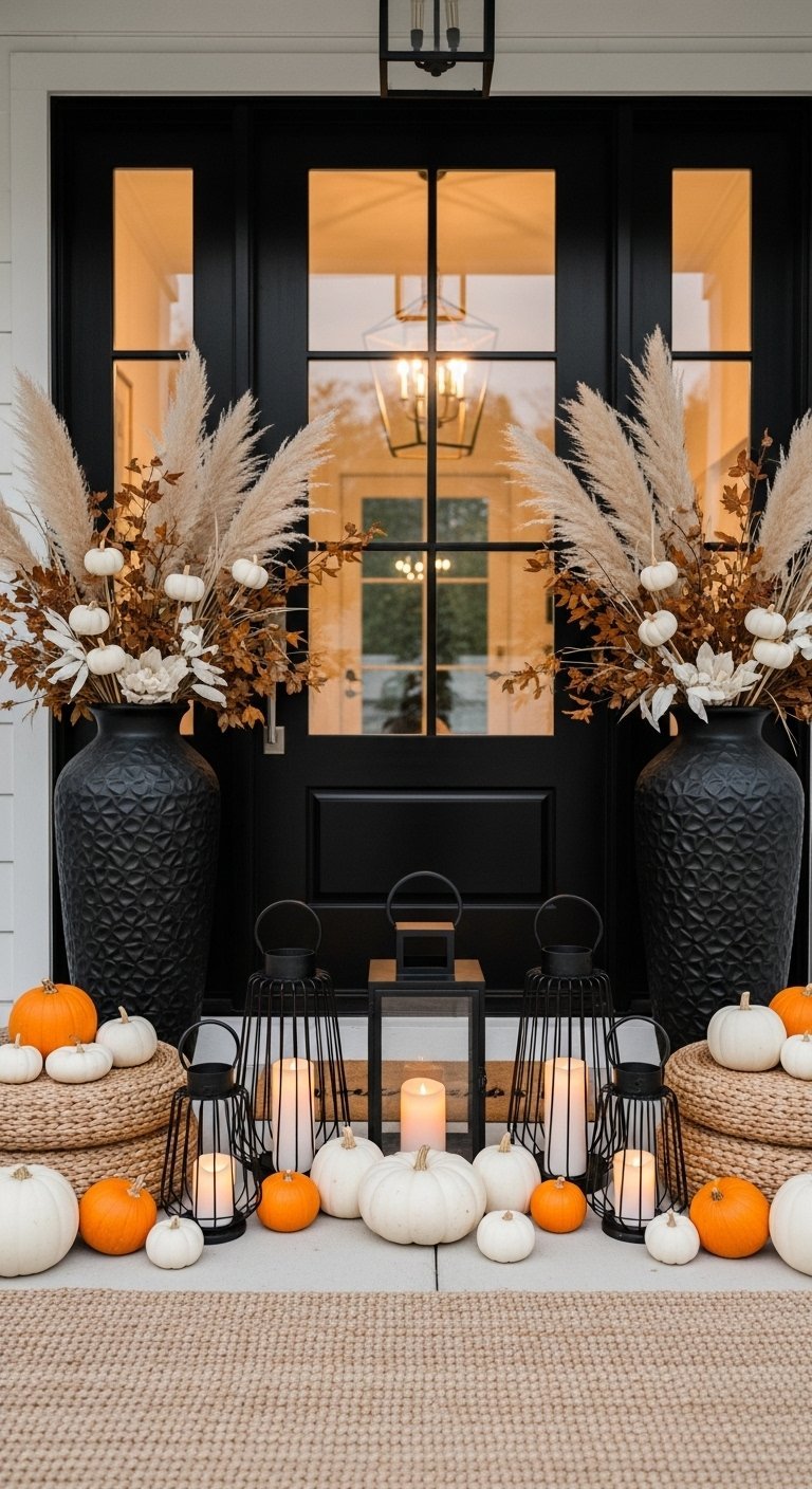 Decoration de porche moderne avec des urnes noires et des citrouilles blanches