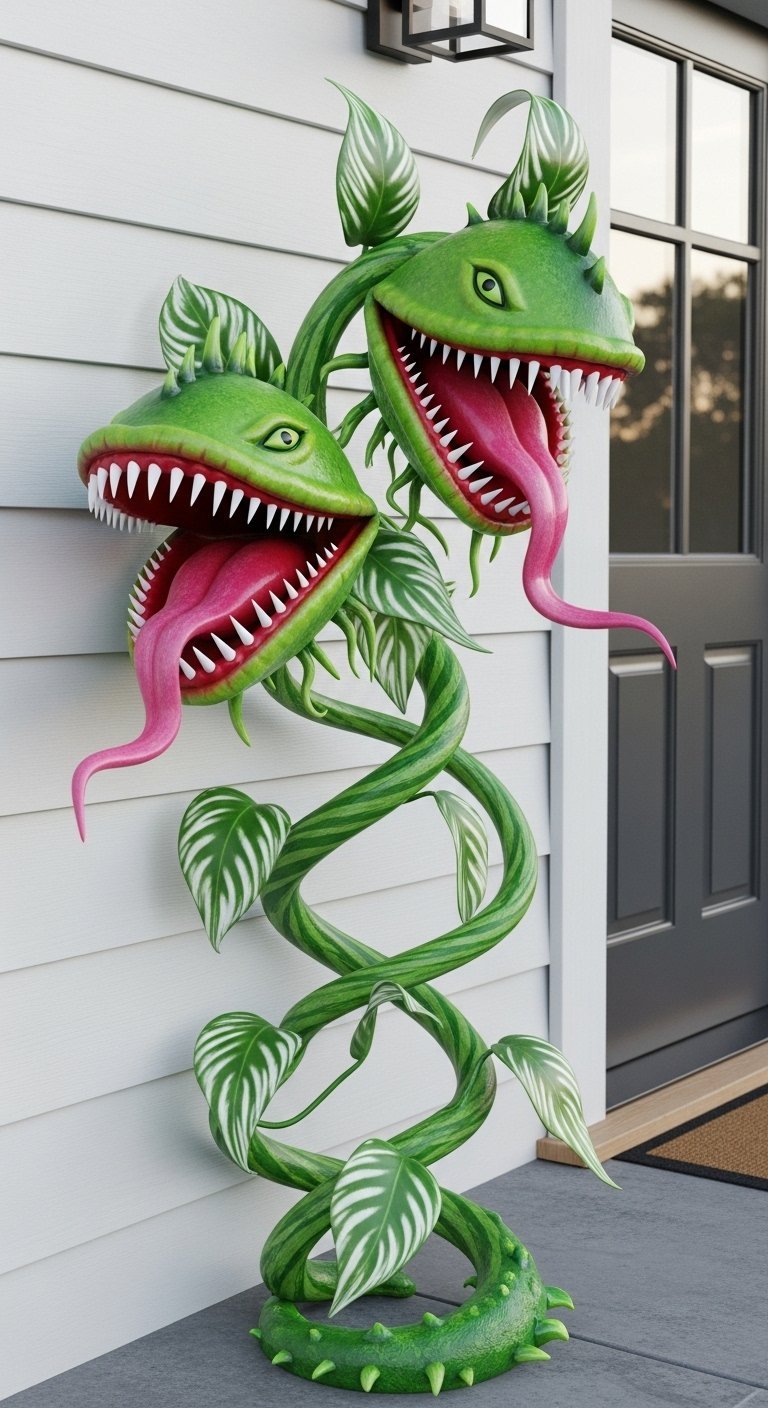 Deux grandes plantes carnivores vertes comme décoration d halloween