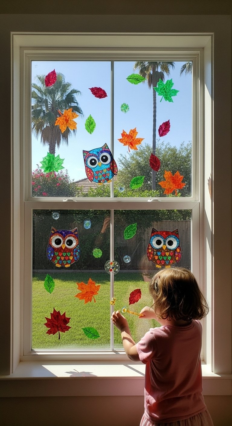 Enfant décorant une fenêtre avec des stickers de hiboux et de feuilles