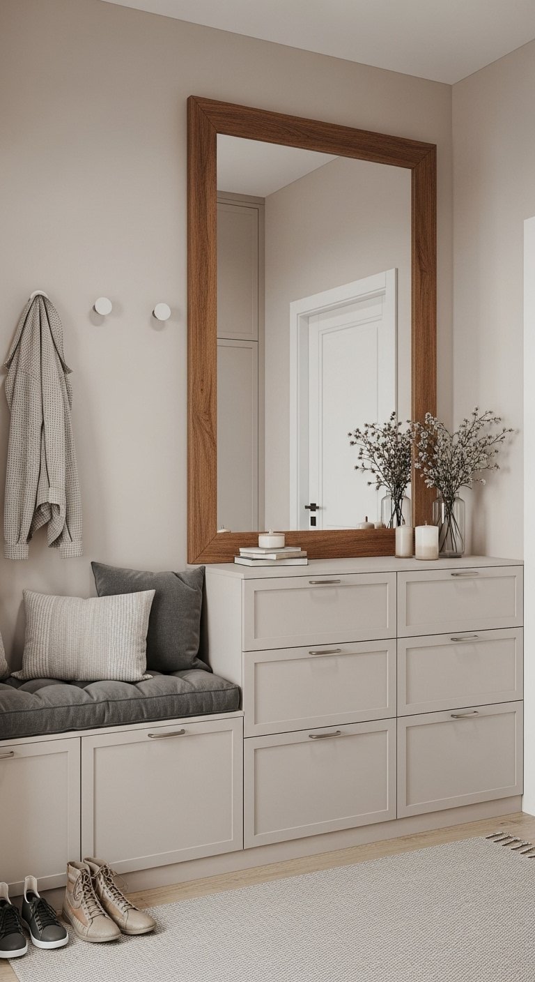 Ensemble de rangement beige avec tiroirs et banc gris sous un grand miroir a cadre en bois