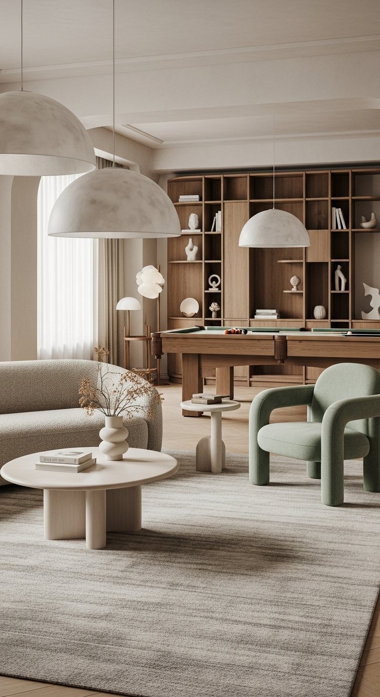 Espace de vie minimaliste avec mobilier aux formes organiques et table de billard