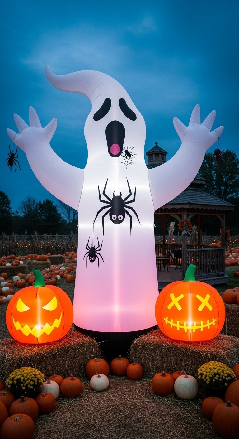 Fantome gonflable geant et lumineux dans un champ de citrouilles