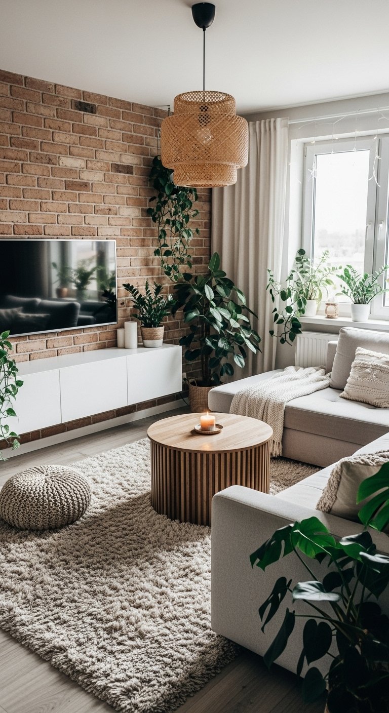 Mur en briques apparentes derrière un meuble TV blanc dans un salon moderne