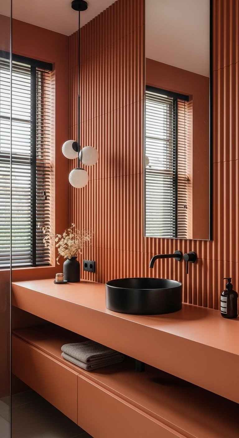 Murs cannelés terracotta avec vasque noire et suspension design